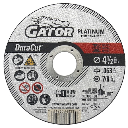 Gator Finishing Platinum Performance DuraCut Type 1 Metal Cut-Off Wheels, 4.5" x .063" x 7/8", 10 Count 975110